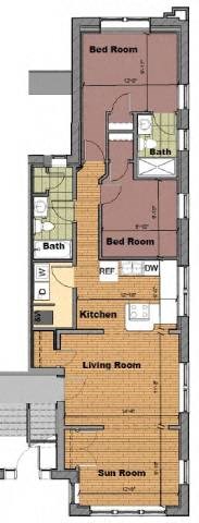 Floor plan for 2 beds, 2 baths, 960 sqft